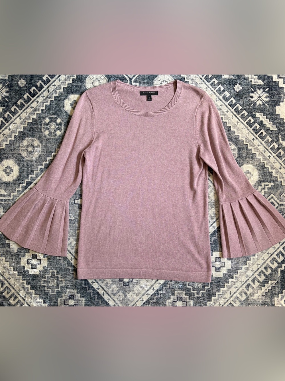 Pleated Bell Sleeve Crewneck Top - lavender